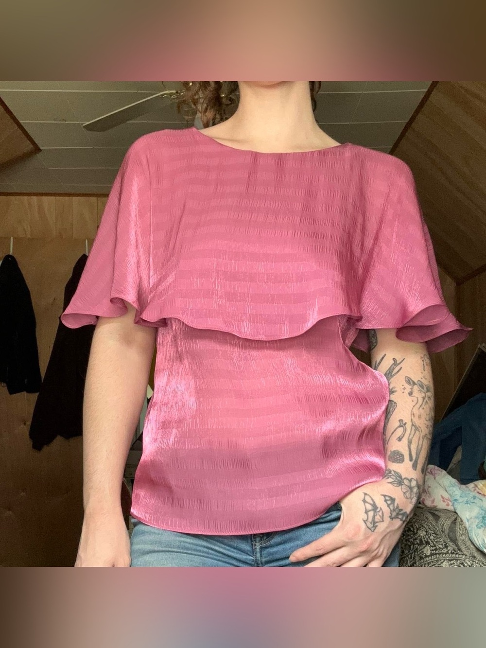 DKNY Fairycore Shimmery Striped Pink Ruffle Layered Blouse